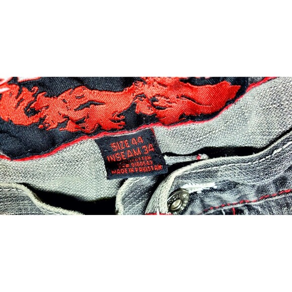 Y2K Black Baggy Jeans Mens 44 Red Dragon Print Faded Grunge Vintage Distressed - Picture 16 of 16